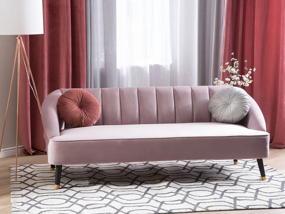 Divano in velluto rosa a 3 posti con braccioli incassati sullo schienale gambe in legno