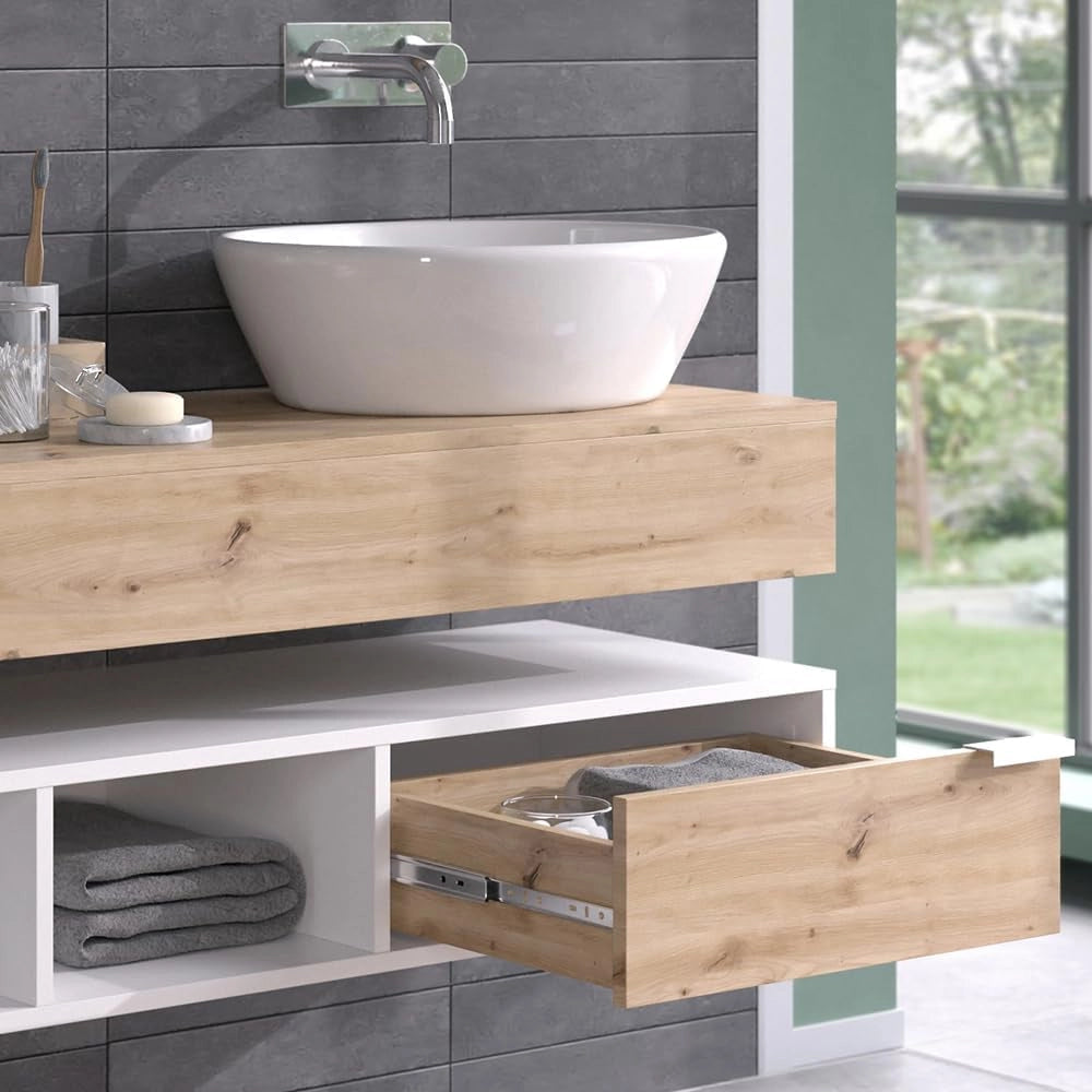 Mobile sottolavabo per bagno Henri, Bianco, 100 x 15 cm con cassetto, per il montaggio sotto il lavandino con ritaglio per sifone