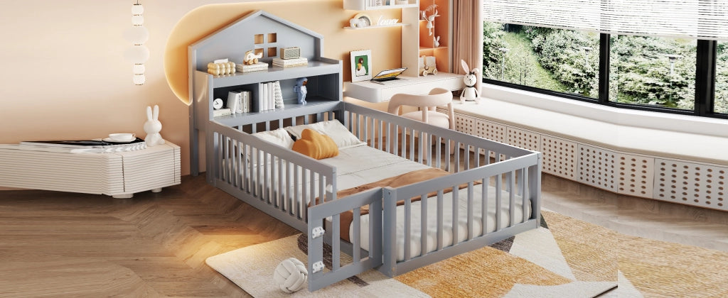 Letto a forma di casa grigio in legno massello con funzione contenitore e rete a doghe 90x200 cm