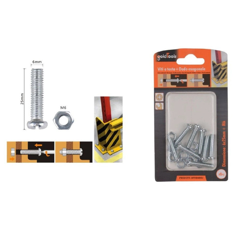 Trade Shop - Set 8 Pz Viti Vite Testa A Croce Tonda 6x25mm Con Dadi Dado Esagonale M6 90977 -