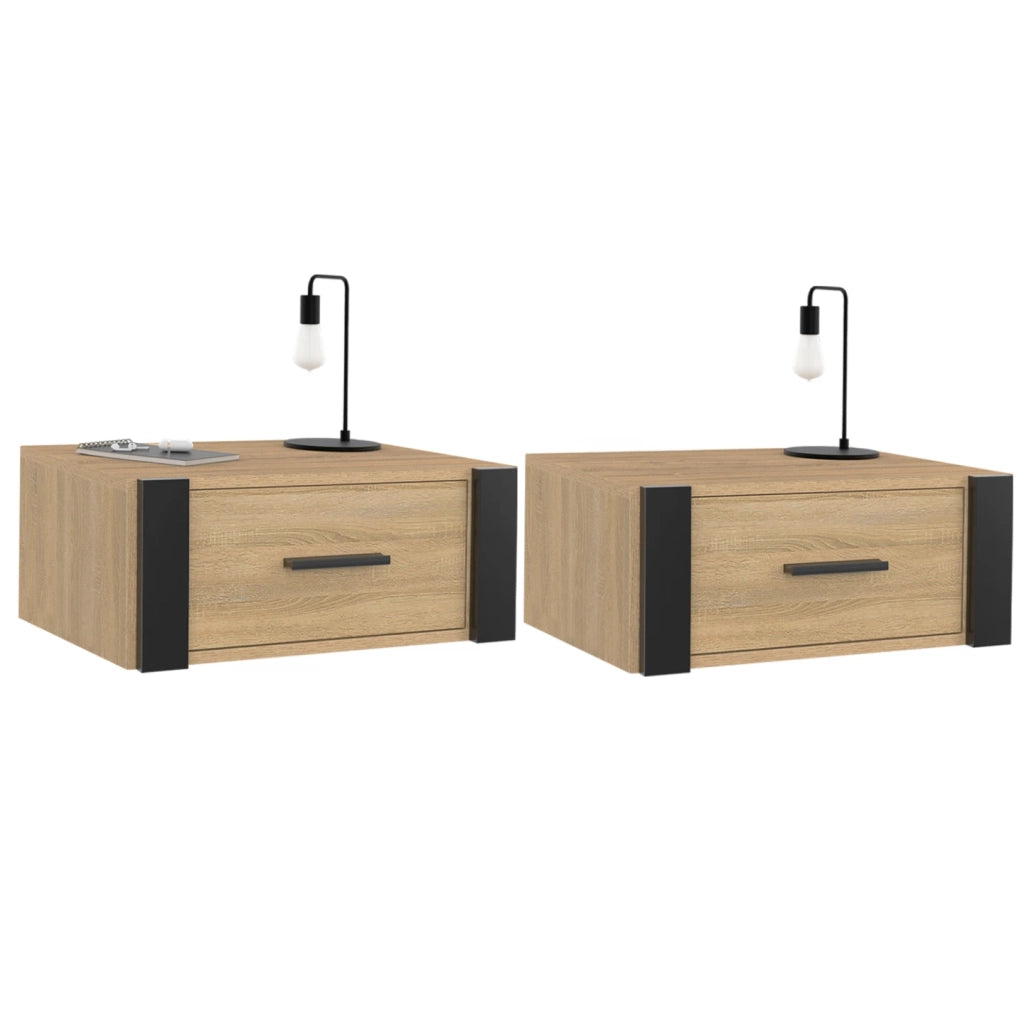 IDMarket - Lote de 2 mesillas de noche murales ONYX con estantes de madera y negros