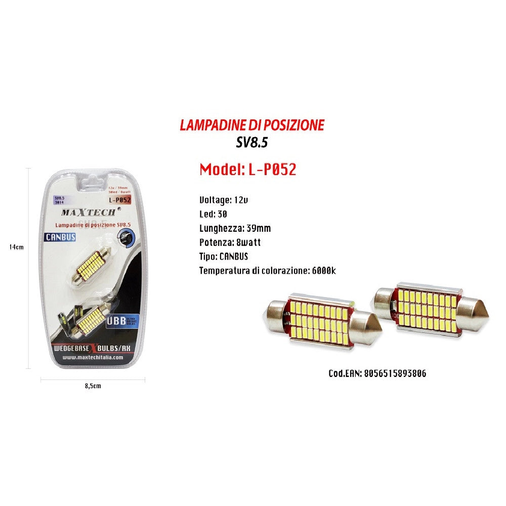Trade Shop - Lampadine Posizione Sv8.5 12v 30led 39mm 8w Maxtech L-p052 Ultra Luminose Canbus -