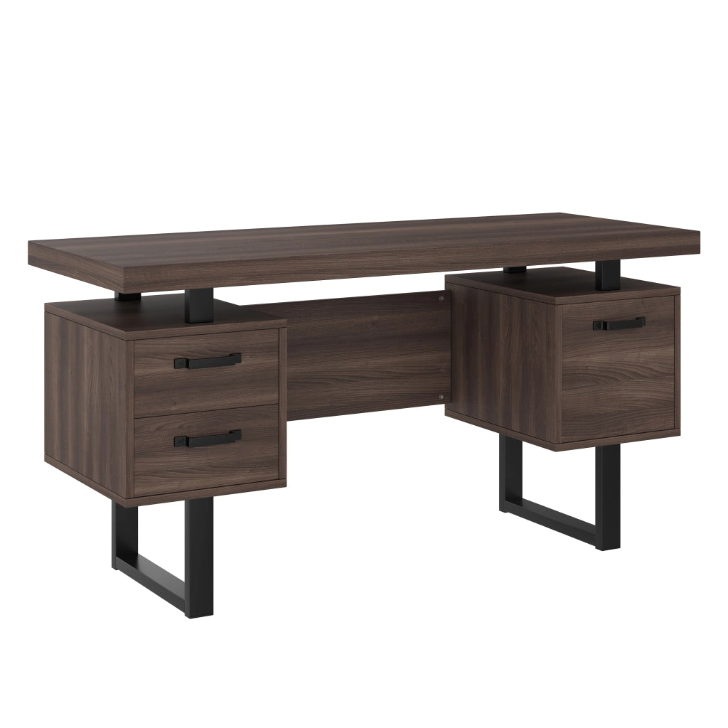 Scrivania lineare con 2 cassetti e vano per raccoglitori, in MDF e metallo, per ufficio, marrone, 135 × 54 cm