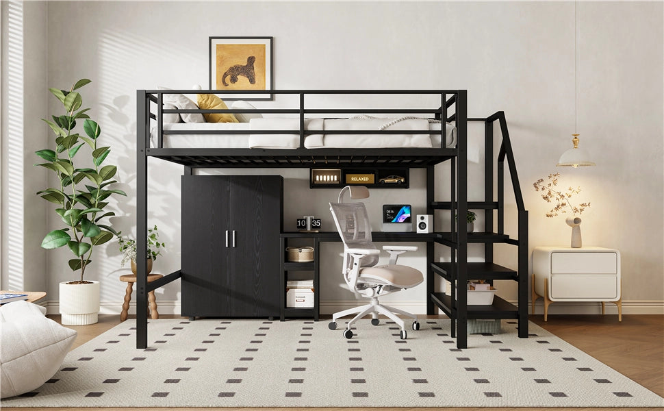 LETTO A CASTELLO 140x200 cm Nero in metallo con scrivania, armadio e ripiani