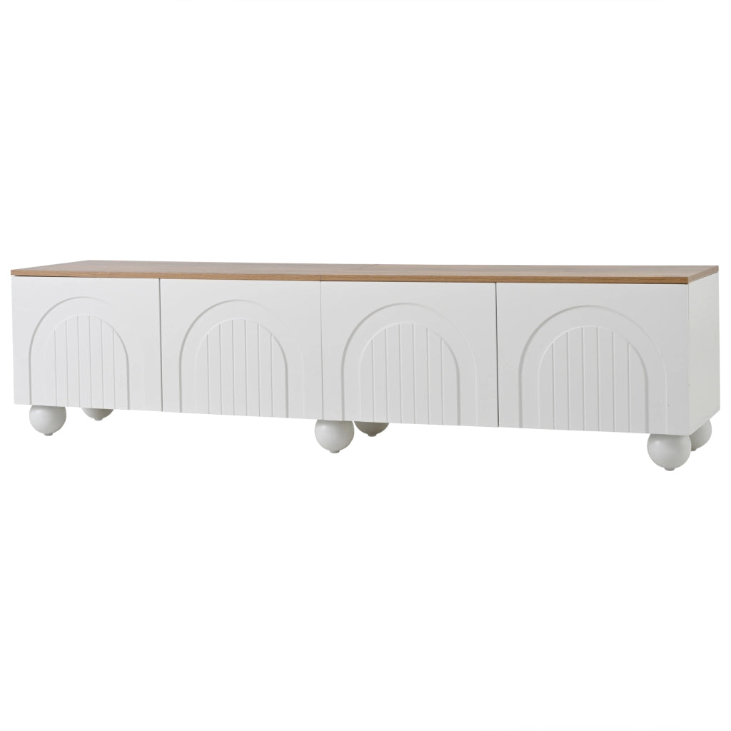 Mobile porta tv con 4 ante e 6 gambe metalliche, design con scanalature, mdf bianco e legno, 180 × 40 × 45 cm