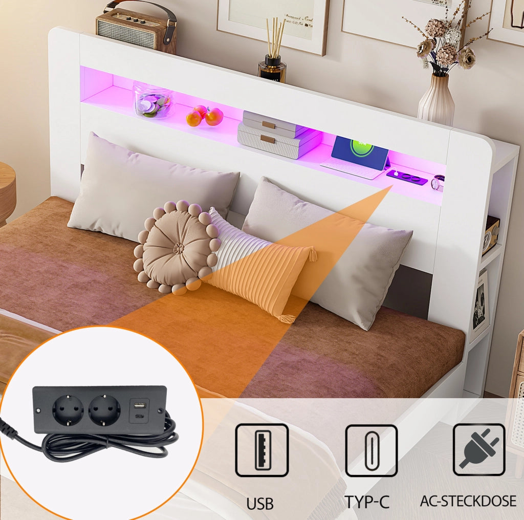 Letto multifunzione 180x200 cm bianco con LED e prese