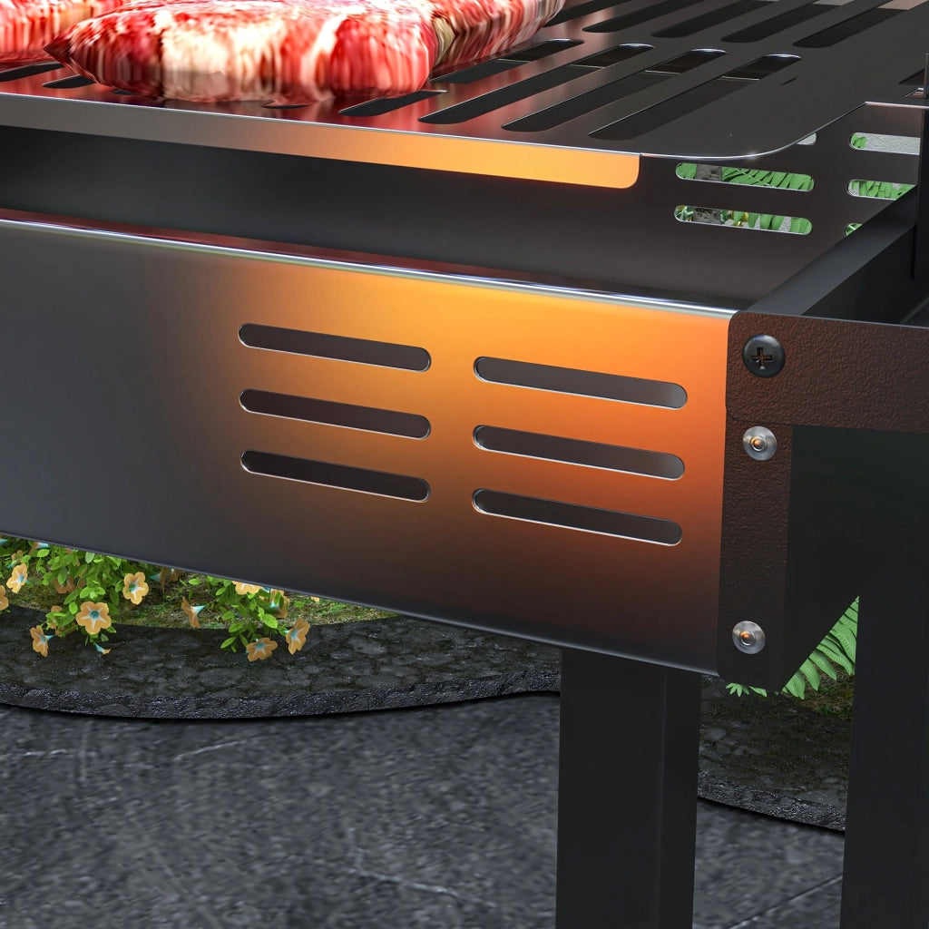 Barbecue a Carbone a 3 Livelli con Mensole Pieghevoli e Girarrosto 118x32x90 cm in Acciaio Inox Nero