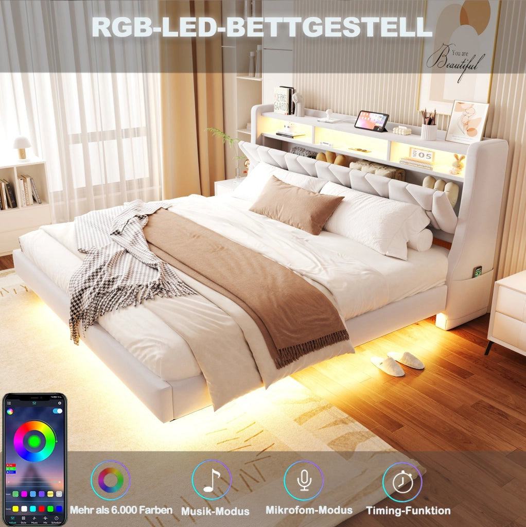 Letto matrimoniale imbottito 180x200 cm in velluto beige con testiera multifunzione e LED