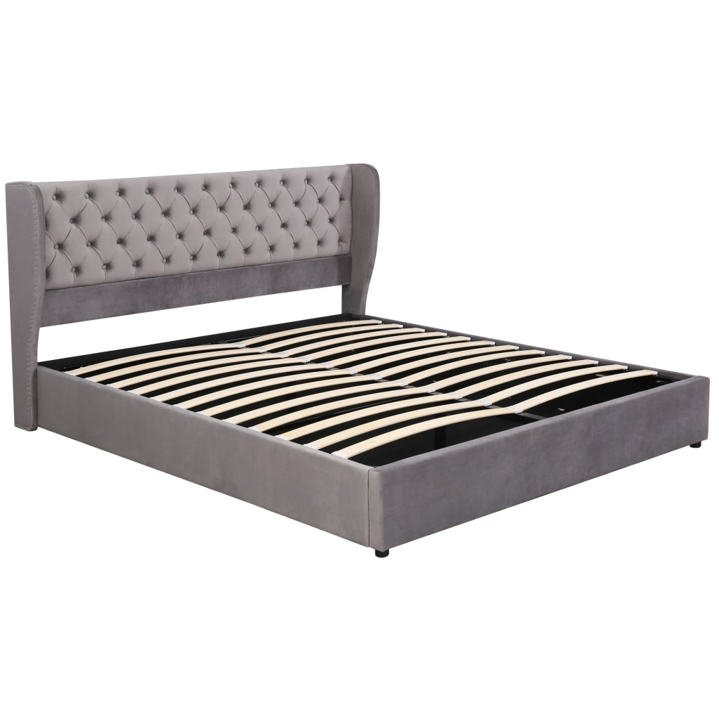 Letto matrimoniale imbottito 160x200 cm in velluto grigio con testiera alta e contenitore