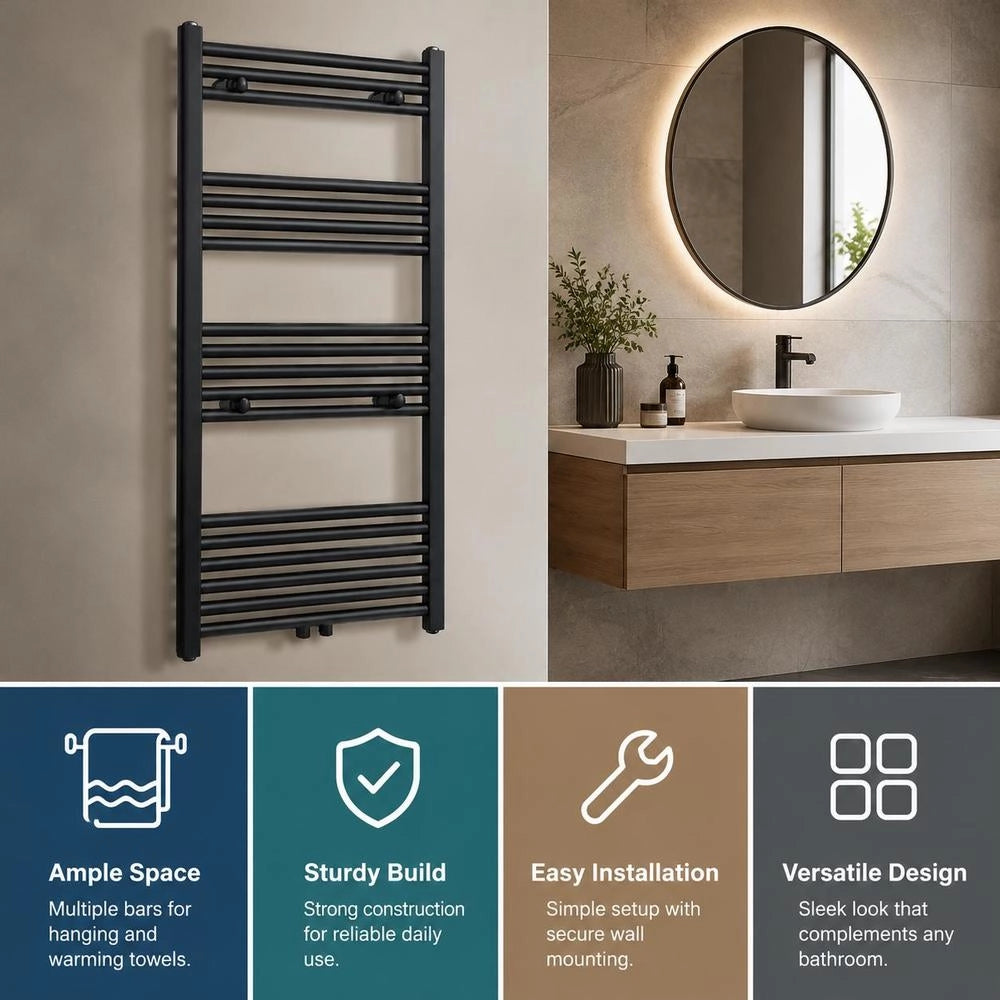 Towel Radiator, Hot Water, Straight, Black, 600x1160 Mm
