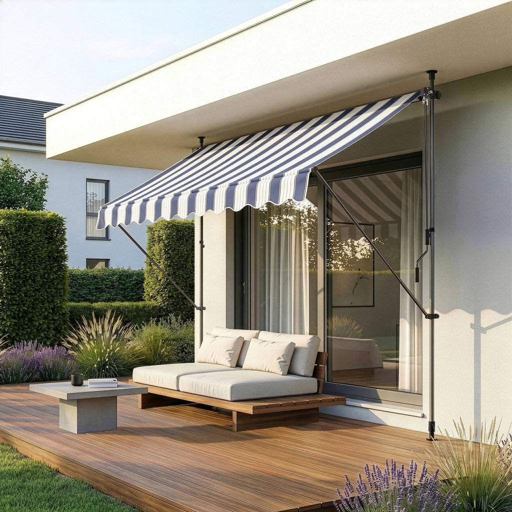 Tenda da Sole a Muro con Pali di Supporto Telescopici Parasole 300 x 120 cm (LxP) Blu Scuro/Bianco pro.tec
