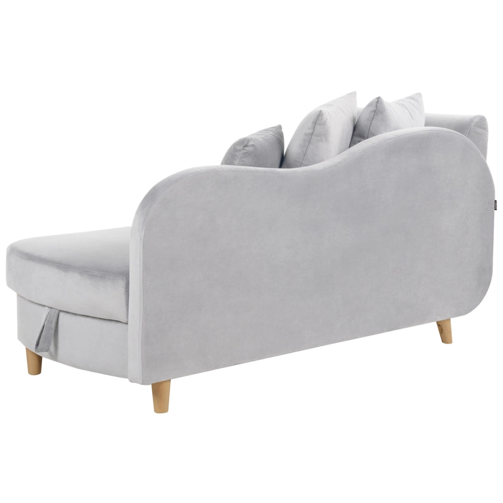Chaise Longue in velluto grigio chiaro lato sinistro con contenitore stile moderno soggiorno