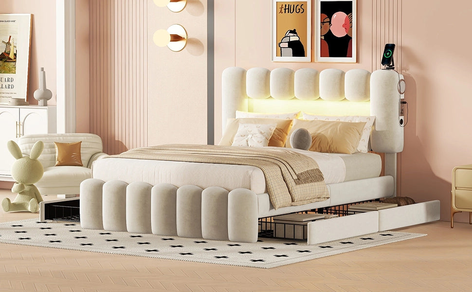 DESMIU Letto imbottito 140 × 200 cm 2 posti con 4 cassetti, LED, USB e altoparlanti, senza materasso, beige