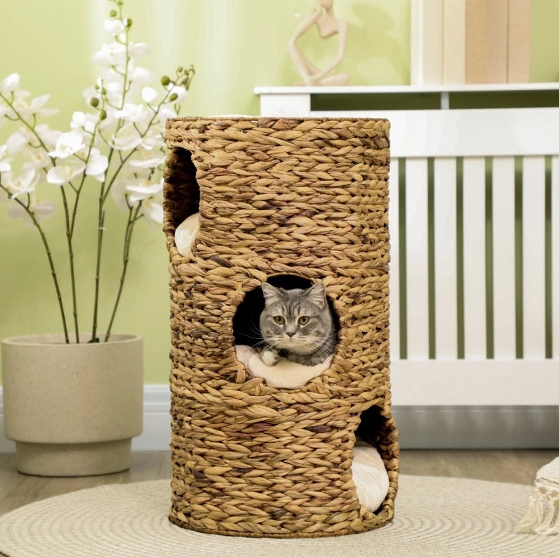 Torre per gatti ULEVR ?40x73 cm con 3 cucce, cuscini removibili e piattaforma superiore, giacinto d¡¯acqua marrone