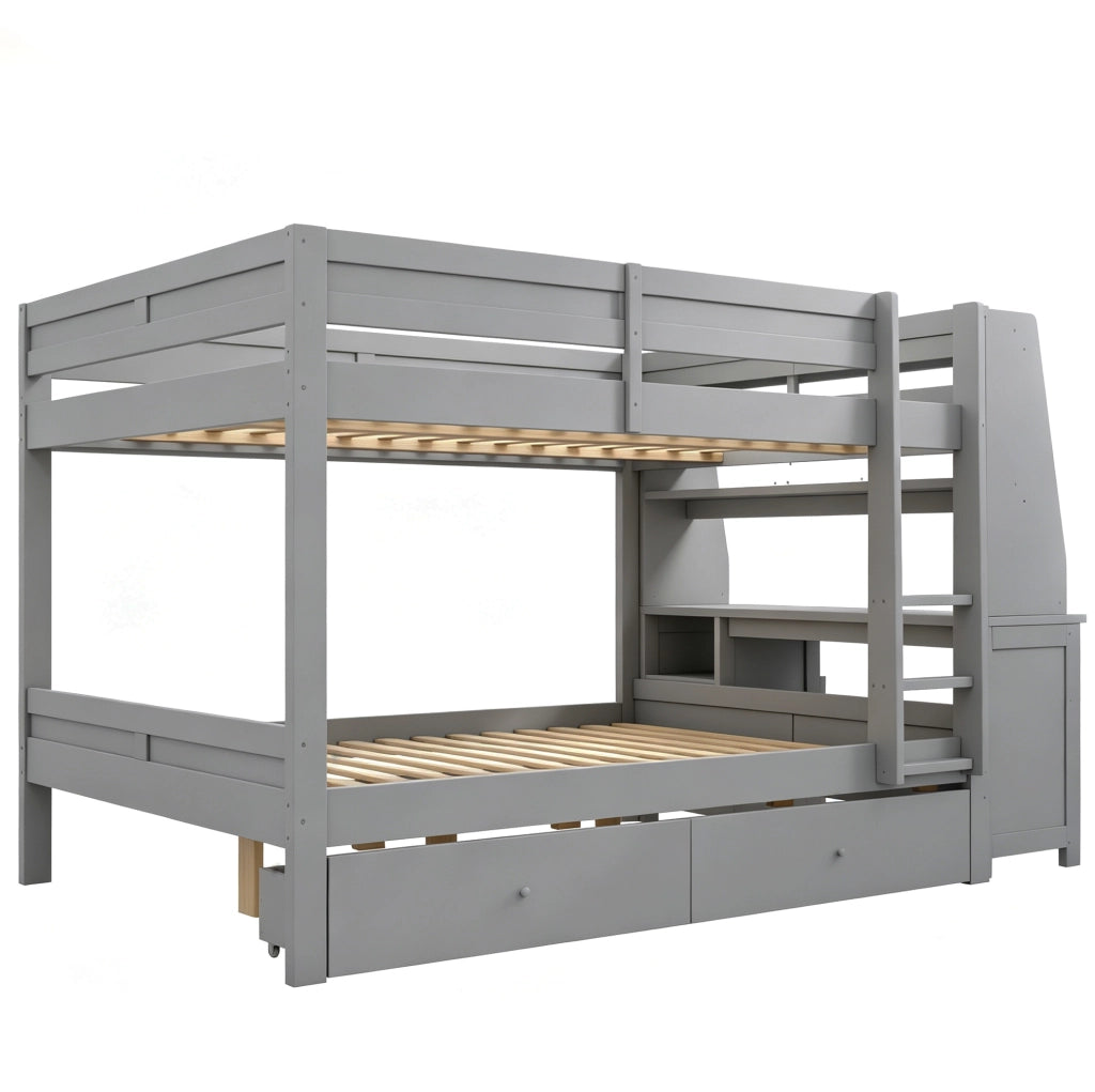 Letto a castello 140x200 cm con scrivania, cassetti e ripiani in grigio