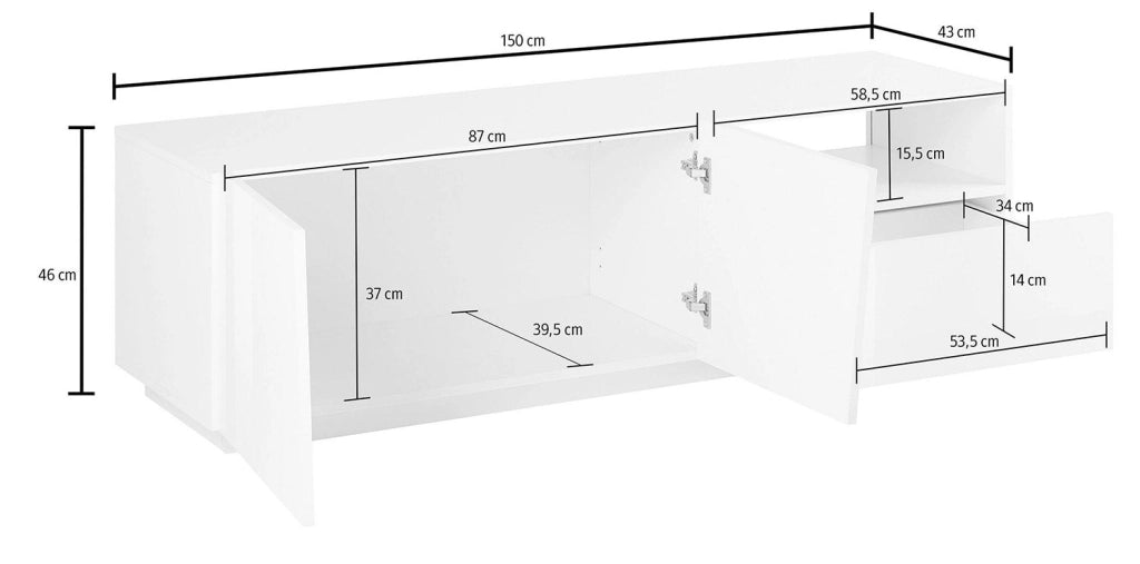 Mobile TV 2 Ante 1 Cassetto 150x43x46 cm Vega Bianco Lucido