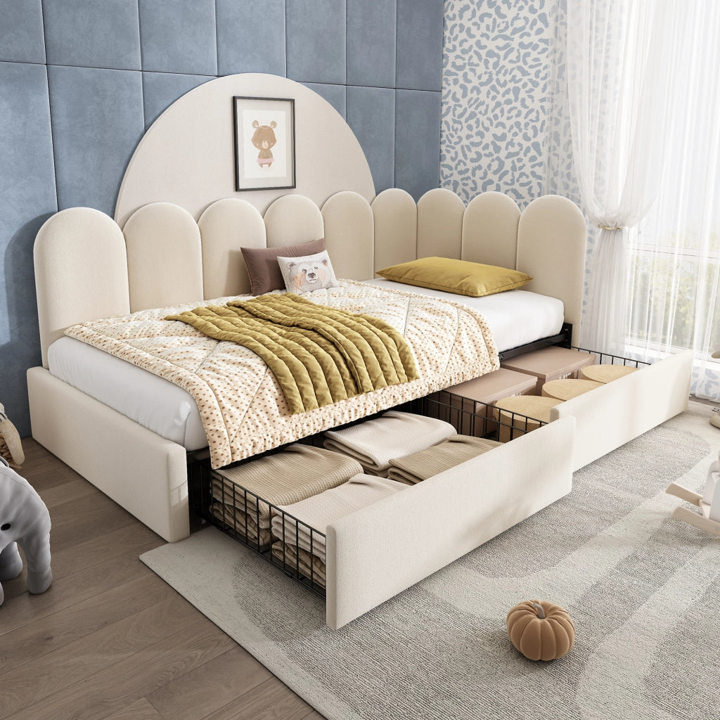 OKWISH Letto Singolo 90×200 cm, Letto con Cassetti con 2 Cassetti, Struttura Reversibile in Velluto, senza Materasso, Beige
