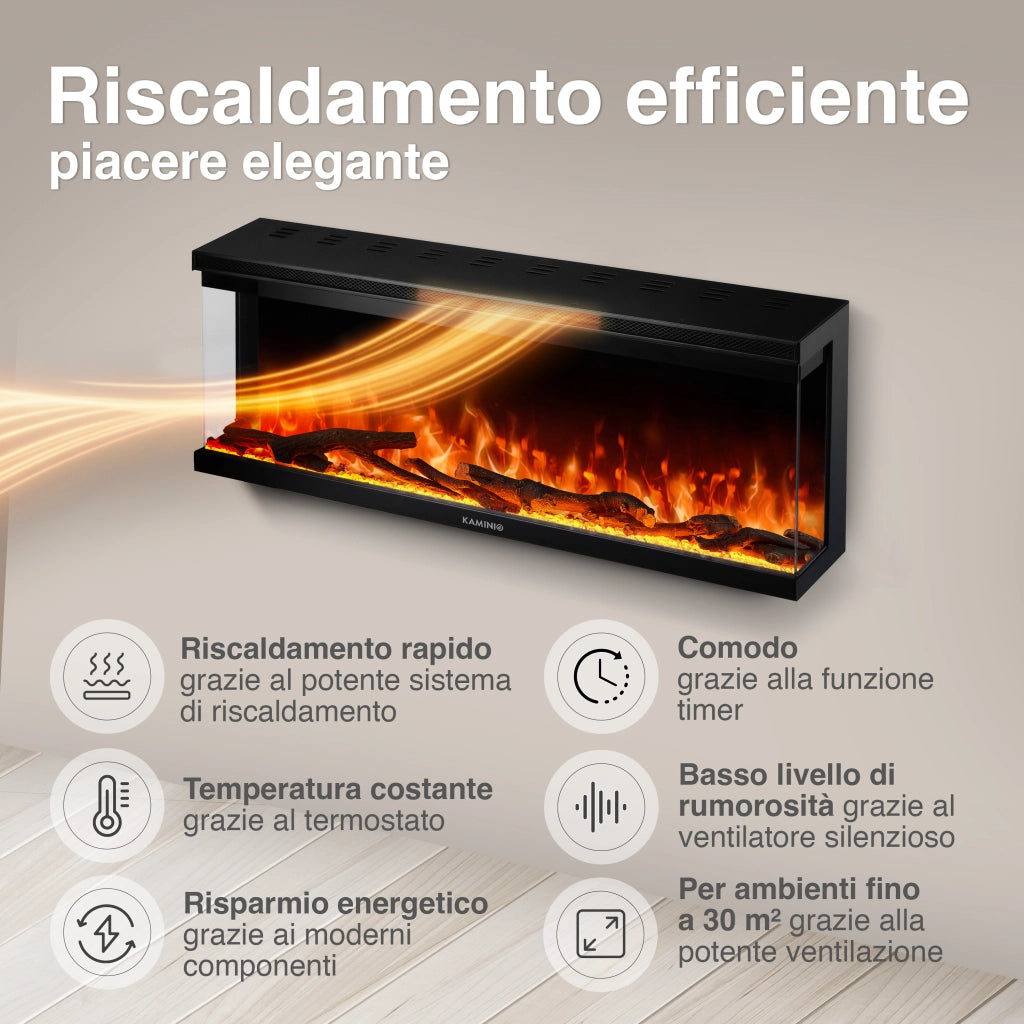 KAMINIO Camino elettrico LEA - Camino 3 in 1 con vista panoramica, riscaldamento, effetto fiamma, 12 colori delle fiamme, telecomando - 42 pollici