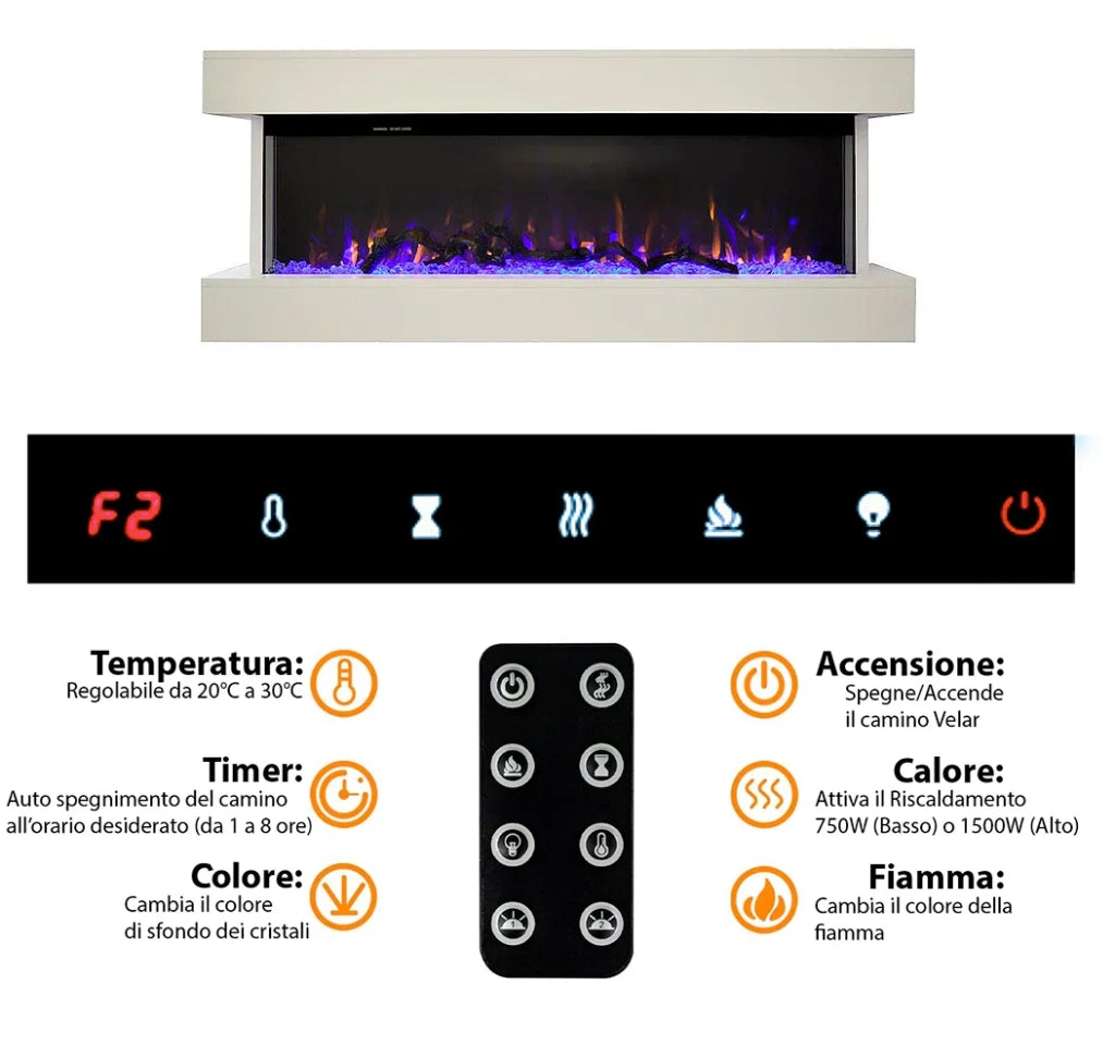Caminetto elettrico ALARO BIANCO TEMPO STYLE con cornice di legno effetto fuoco 3 colorazioni 750 - 1.500 W