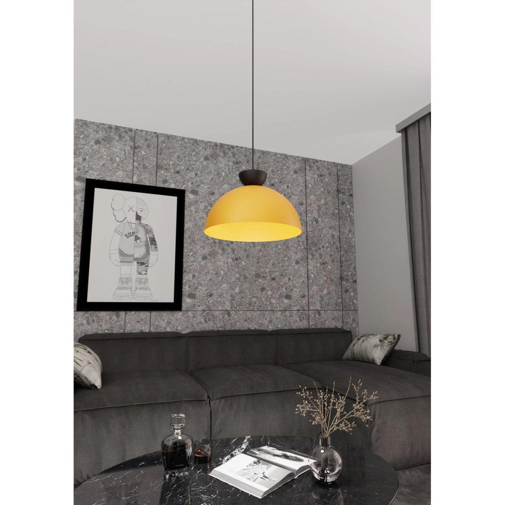 Lampada a sospensione LUNARO in acciaio arancione e dettagli neri