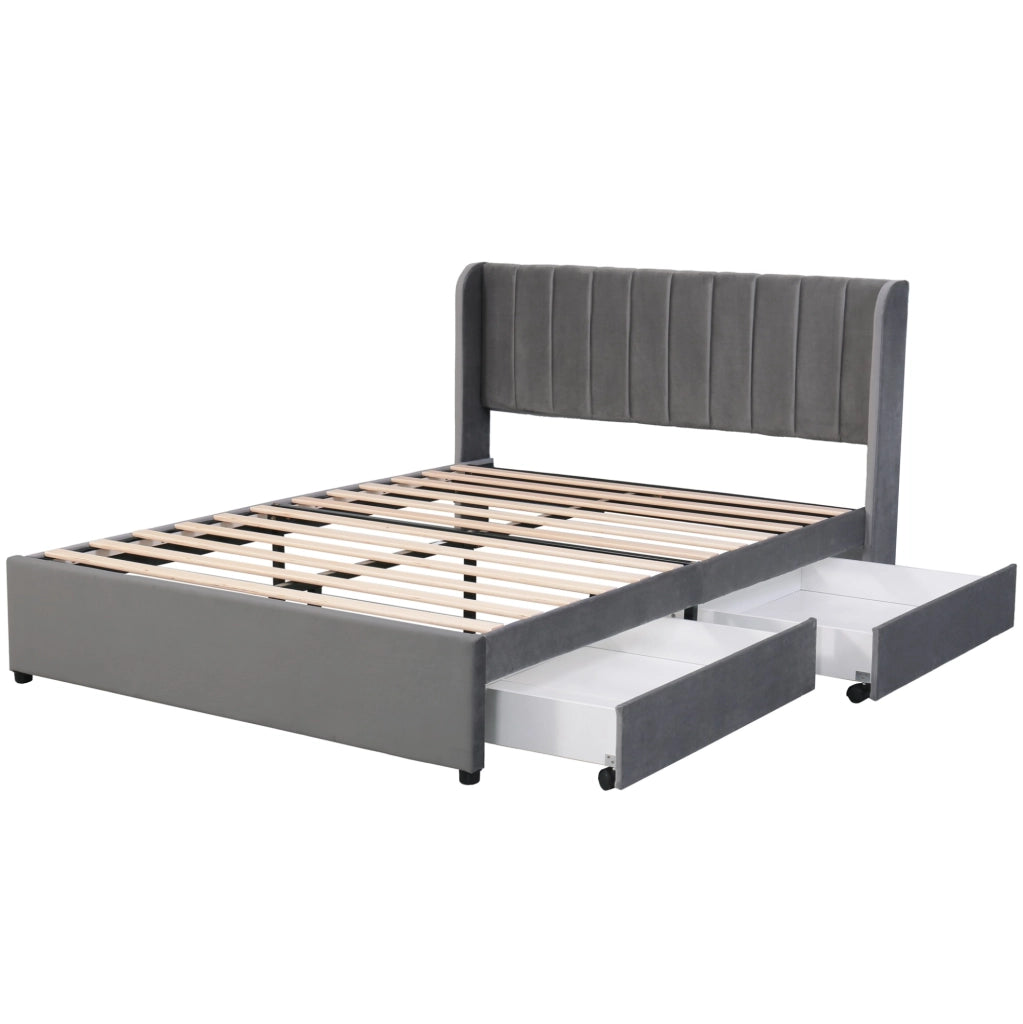 Letto imbottito 140x200 cm con testiera alta e 2 cassetti; velluto grigio (Senza materasso)