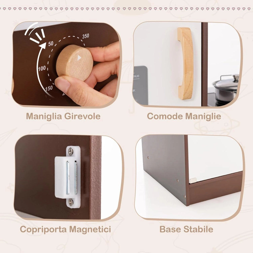 Cucina Giocattolo in Legno per Bambini, Set Cucina Giocattolo con Macchina di Ghiaccio, Microonde, Forno, Lavello, Lavatrice e Accessori, Effetti Sonori e Luminosi per Bambini 3 Anni+