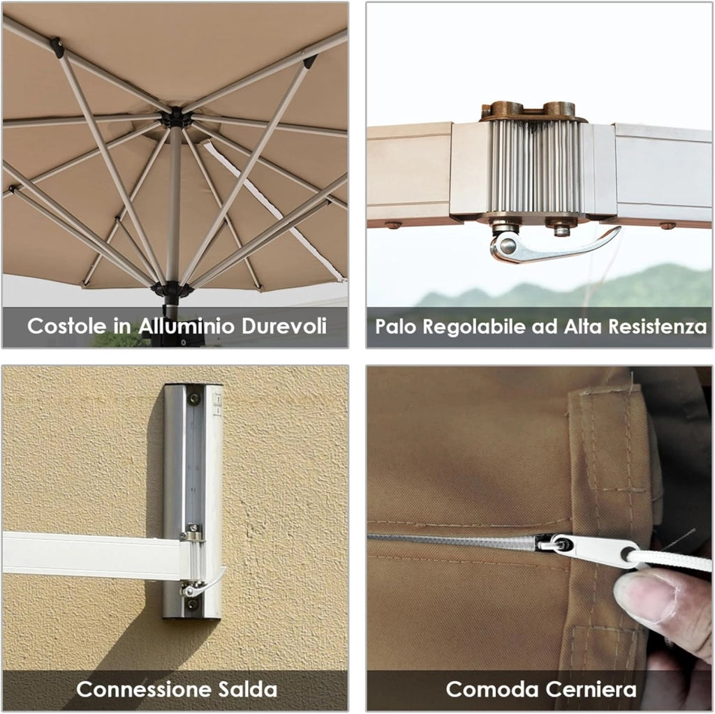 Ombrellone da Parete 250 cm, Ombrellone da Muro per Giardino con Angolo Regolabile, Parasole Esterno Pieghevole Anti UV, per Giardino, Balcone e Cortile (Marrone)