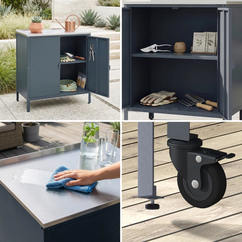 Set Bolognano Mobili da Esterno in Acciaio - Bancone Armadietto e Carrello Portavivande - Grigio scuro opaco casa.pro