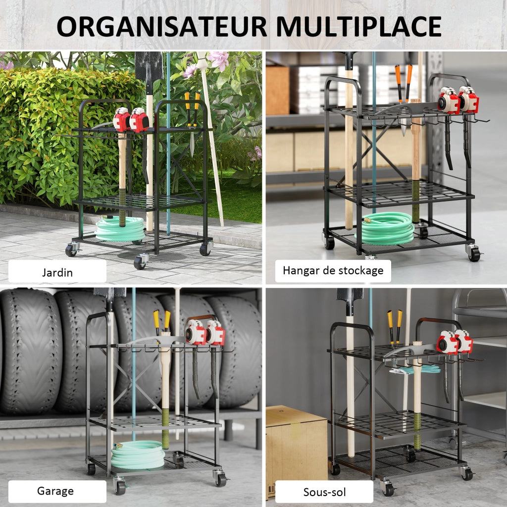 Organizzatore per attrezzi da giardino 40 scomparti 2 livelli con ruote ¨C zephmum ¨C 57x48x70 cm nero