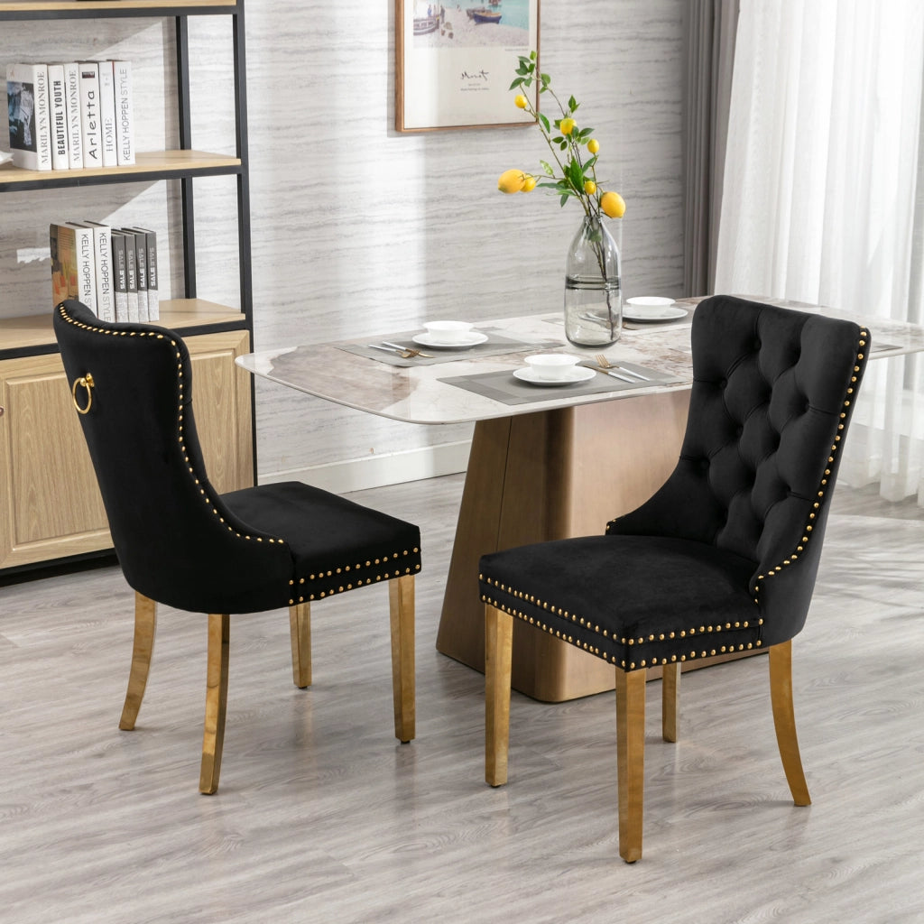 Sedie da Pranzo Imbottite in Velluto con Gambe in Metallo Dorato ¨C MINIMAL ¨C Set 2, Nero