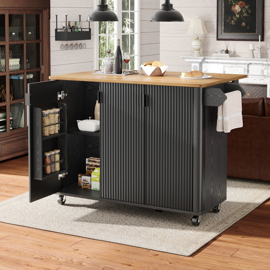 Credenza da cucina con 3 ante; piano ribaltabile e ruote - per cucina - nero - 130x45(75)x92 cm