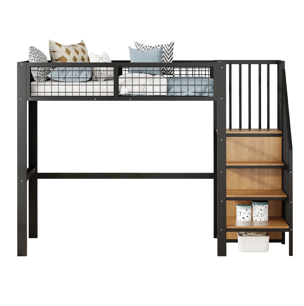 Letto a soppalco 90x200 cm con scala; armadio e ripiani in metallo e MDF; nero