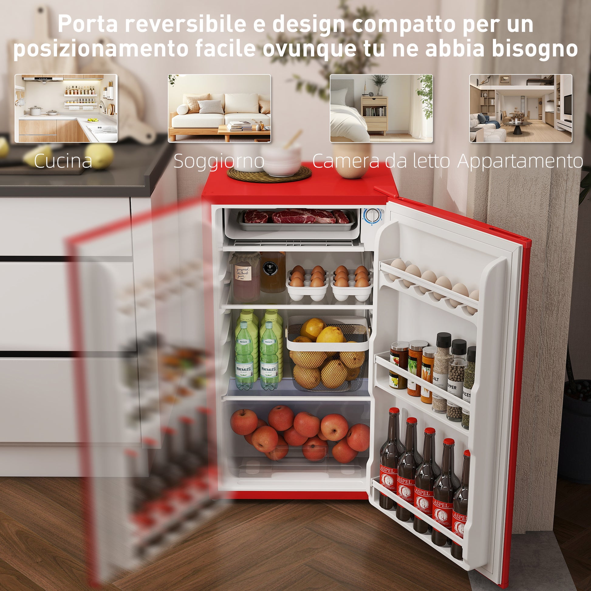 Frigorifero Piccolo 91L MonoPorta Reversibile con Congelatore e Temperatura Regolabile Rosso