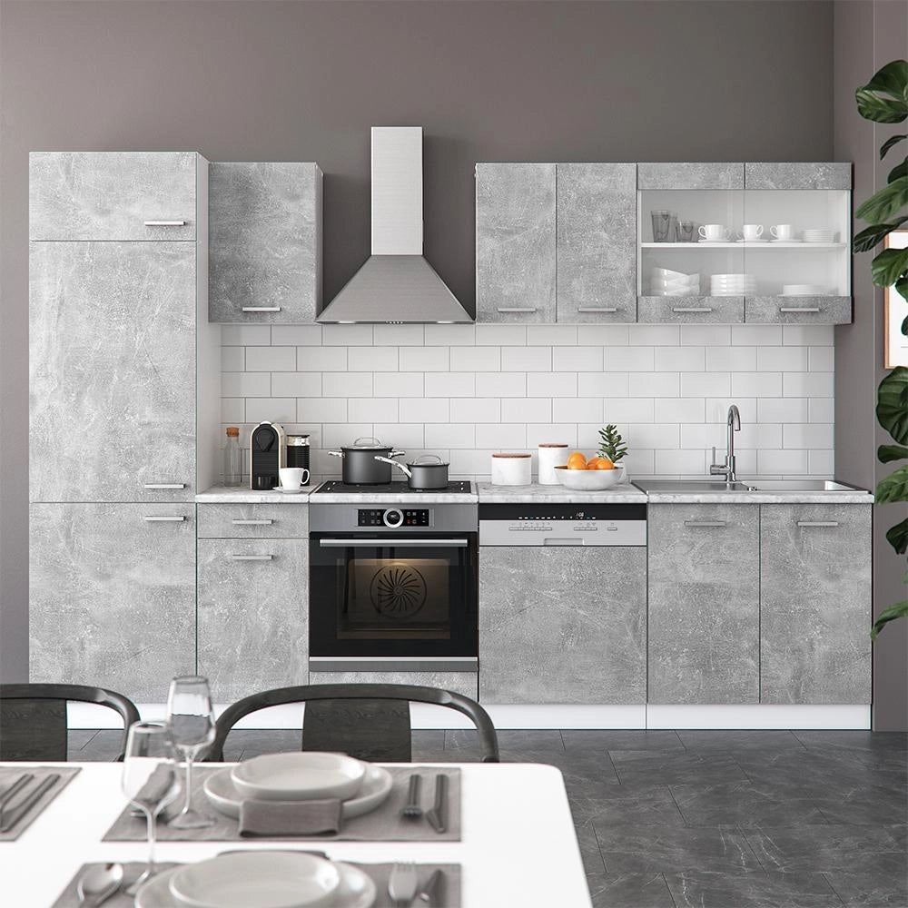 Cucina componibile R-Line Calcestruzzo/Bianco 300 cm senza piano di lavoro Vicco