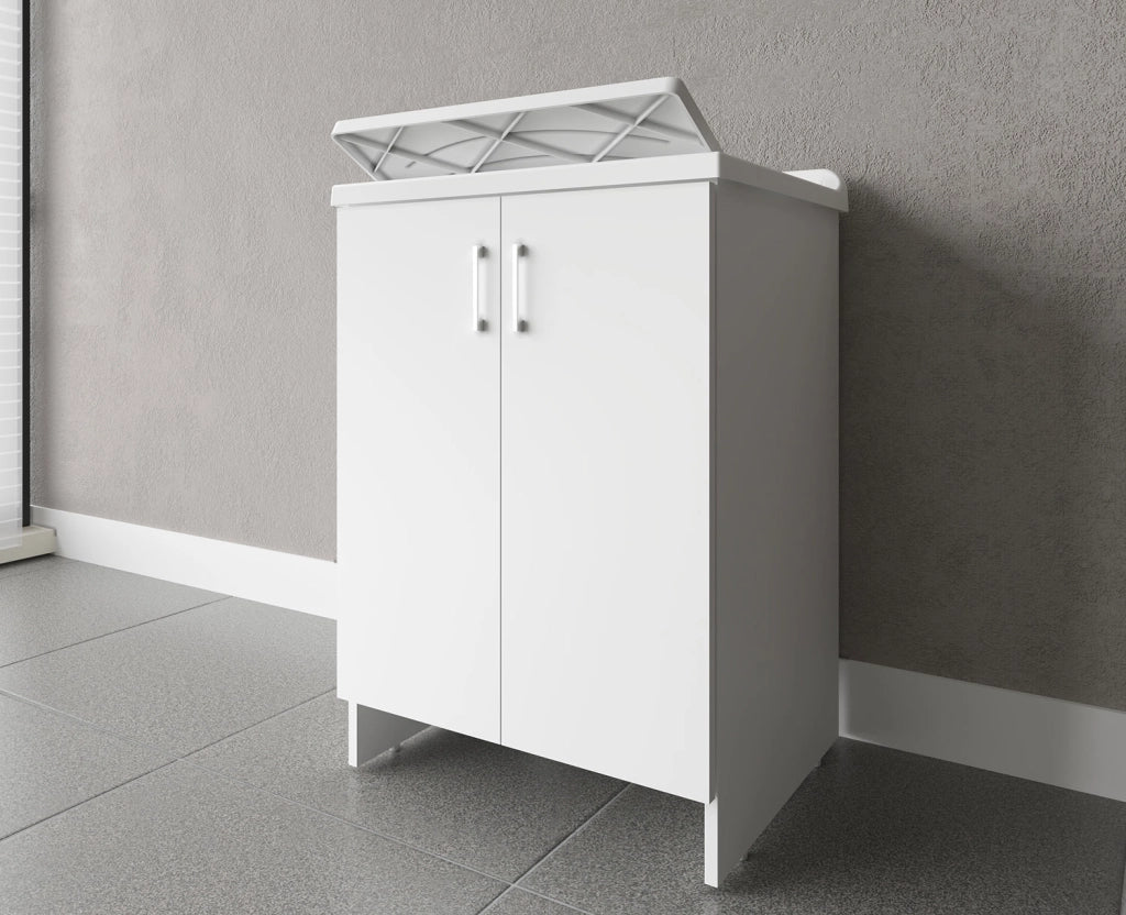 Mobile Lavatoio 2 Ante in Nobilitato 60x50x85 cm Vasca in PP con Asse in Resina e Kit di Scarico Bianco
