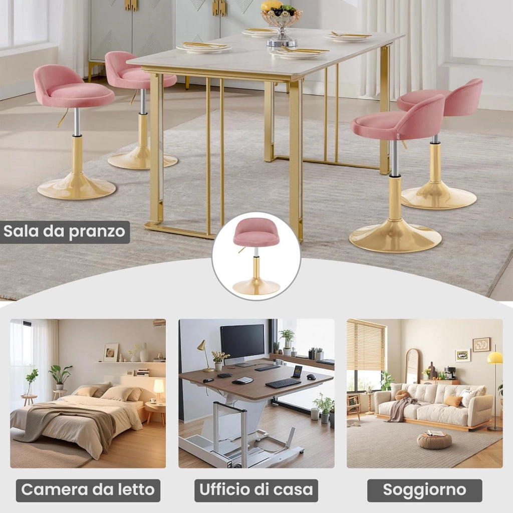 Sgabelli da Trucco Set di 2, Regolabile in Altezza, Sgabelli Girevoli per Ufficio Cucina Soggiorno Camera da Letto, Velluto, 42,5-58 cm, Rosa