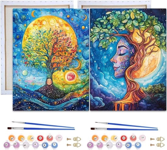 Set di Schilderij a Tema per Adulti e Bambini - Set di 2 Schede per Schilder con Olio su Tela 20x30cm con Cornice, Pennello e Acquaragia.