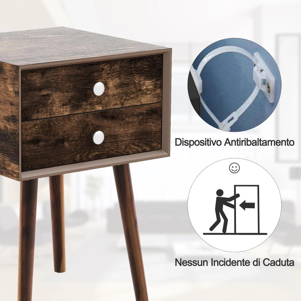 Comodino a 2 Cassetti da Letto, Tavolino in Legno con Portaoggetti, Comodino per Il Soggiorno Camera da Letto, 40 x 40 x 59,5 cm (marrone)