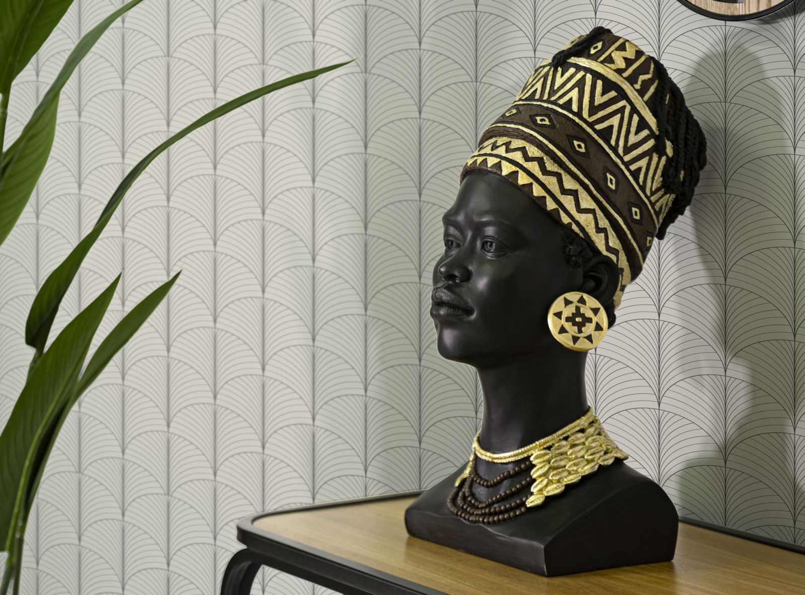 Statua Donna Masai con Turbante 21,5x45x27,5 cm in Poliresina Nero/Oro