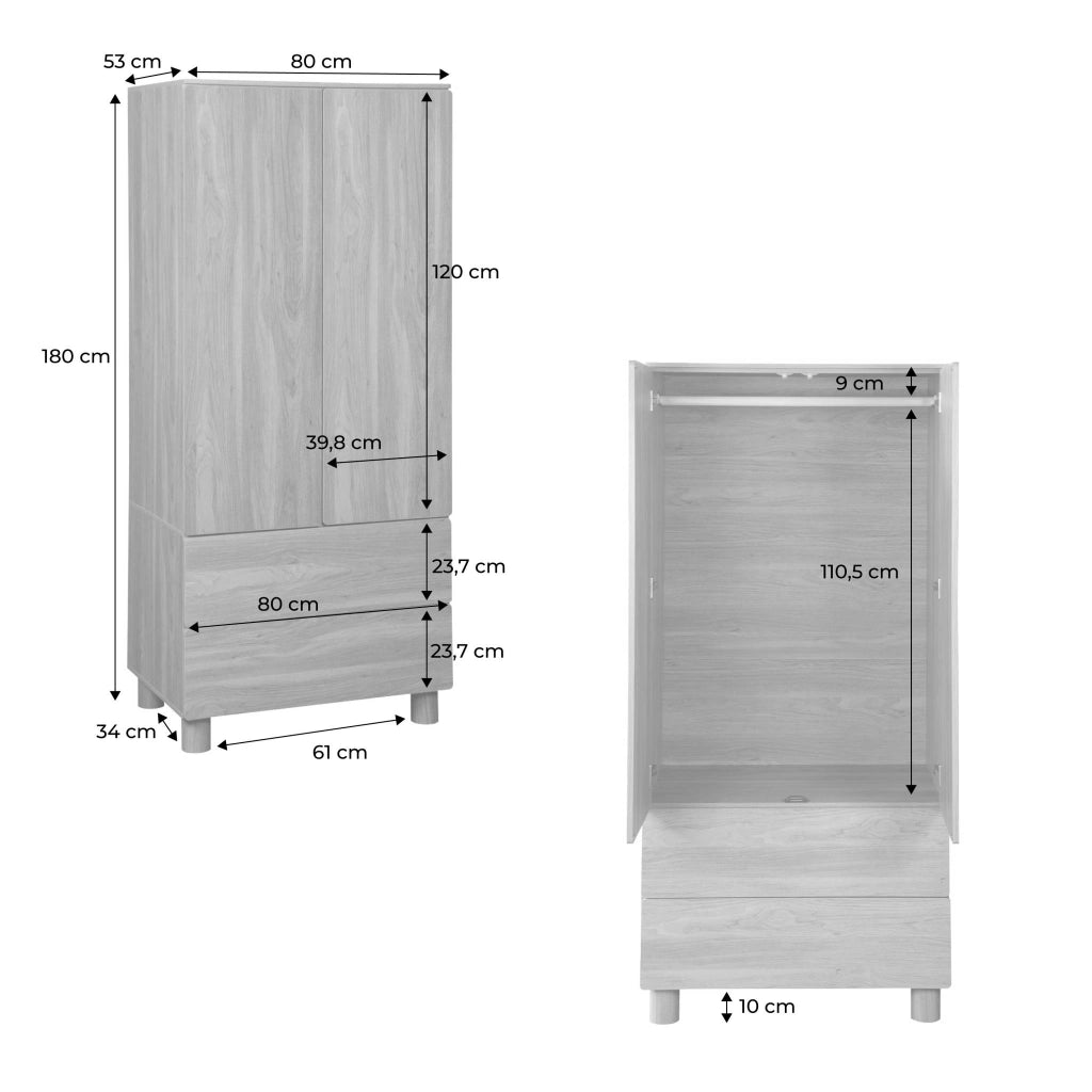 Armadio guardaroba effetto legno 2 ante, 2 cassetti e 1 appendiabiti,