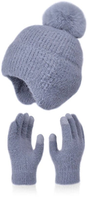 Set caldo invernale a due pezzi ~ Cappucci e guanti in piuma per donne, cappello e guanti - Abbigliamento classico e moda per il lavoro e l'esterno