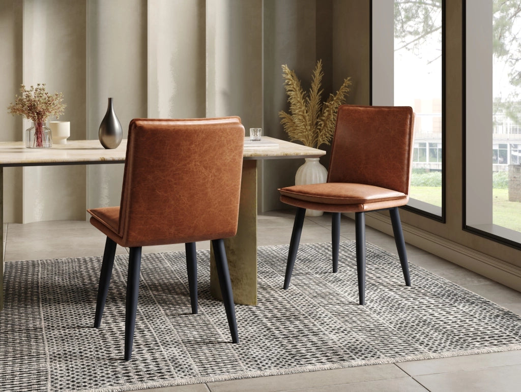 Set di 2 sedie da pranzo moderne in PU marrone con cuscino a doppio strato e gambe in metallo