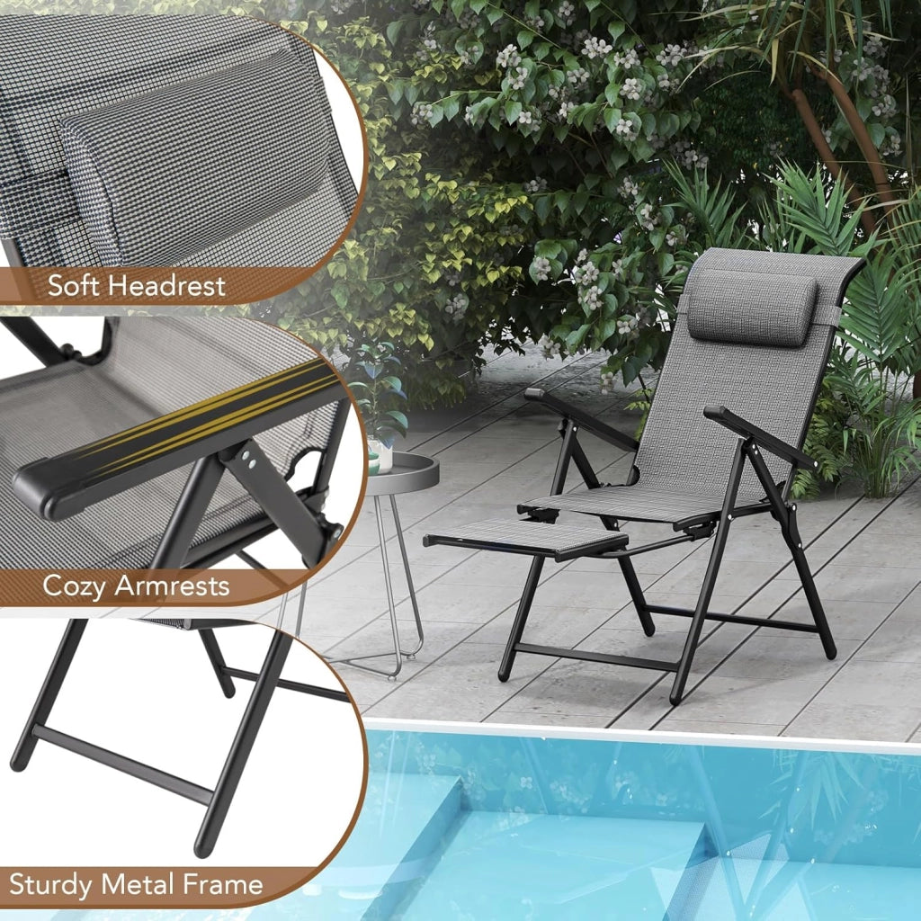 Set di 2 Sedie Pieghevoli da Patio, con Schienale Regolabile a 10 Posizioni e Braccioli, Poggiapiedi Retrattile, Cuscino per Testa, Sedie Reclinabili per Giardino, Piscina, Spiaggia