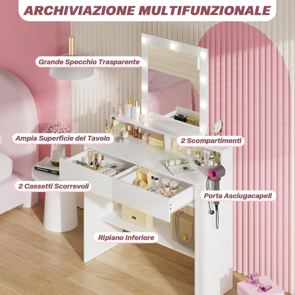 Toeletta da Trucco con Luci, Luminosità Regolabile,Tavolo da Trucco con Specchio,Postazione Trucco con 2 Cassetti,Porta Asciugacapelli,Make-up Desk,Moderno, Bianco