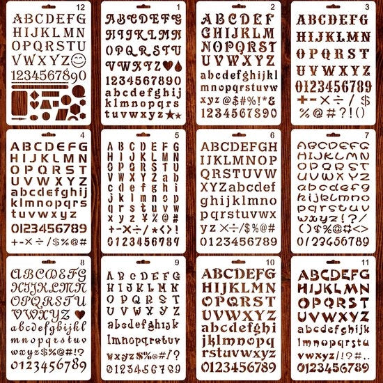 Serie di stencil 12 pezzi - Reutilizzabile - Stencil per lettere e numeri - Adatto per bambini e adulti - Attività di creatività e pittura - Stencil per lettere