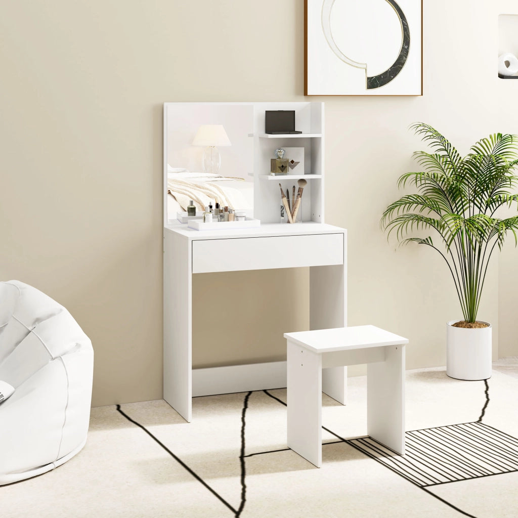 Tavolo da Trucco a 3 Ripiani e Cassetti con Specchio e Sgabello, in Truciolato, 75x40x137 cm, Bianco