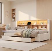 LETTO Estraibile 90x200 cm Velluto Beige con cassetti, USB e LED