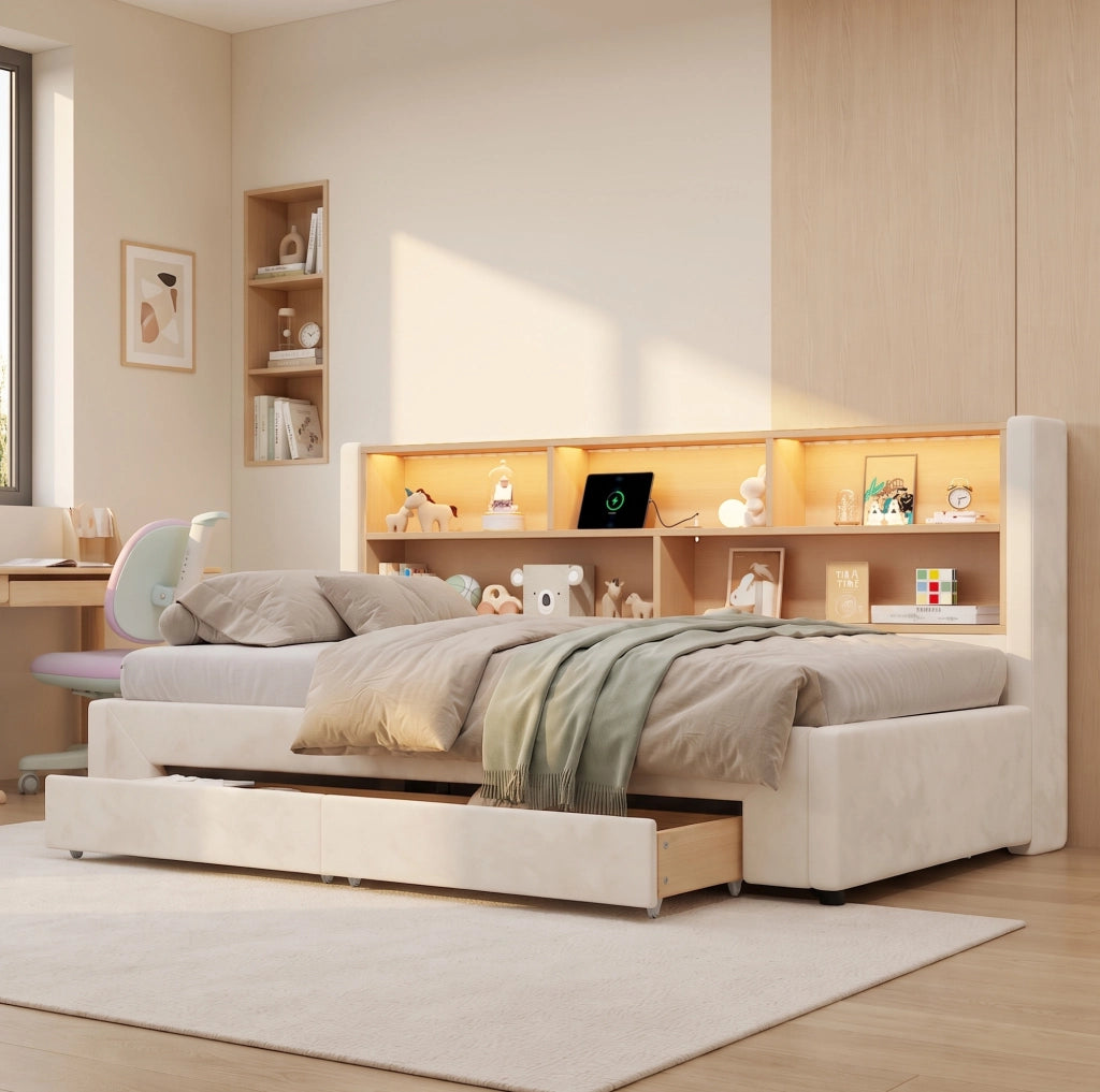 LETTO Estraibile 90x200 cm Velluto Beige con cassetti, USB e LED