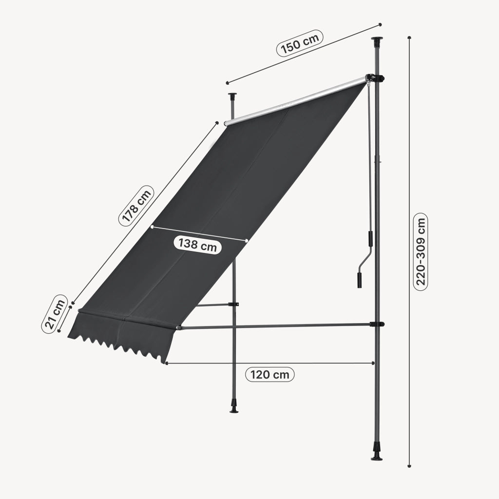 Tenda da Sole a Muro con Pali di Supporto Telescopici Parasole 150 x 120 cm (LxP) Nero pro.tec