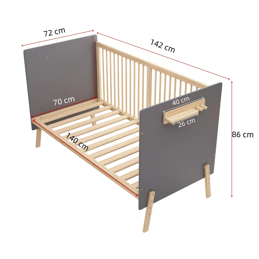 Letto per bambini 70 × 140 cm con altezza regolabile a 3 livelli, lettino laterale e divano letto, senza materasso, in legno massiccio, blu grigio